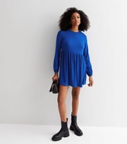New Look Bright Blue Ribbed Jersey Long Puff Sleeve Mini Smock Dress